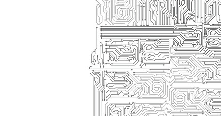 Abstract Creative futuristic circuit board technology background. Circuit board with various technology elements. A grey circuit line technology pattern on white background.