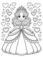 Fototapeta premium Princess in a beautiful dress with crown, hearts and a fairytale feeling. Coloring page