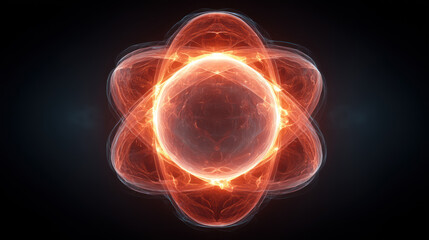 Electron cloud surrounding an atom nucleus, artistic image, black background