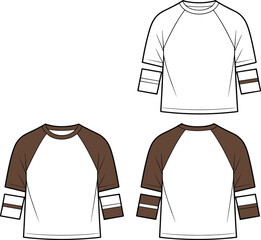 Unisex Flat Sketch Template: Raglan Sleeve Baseball T-Shirt with Striped Cuffs