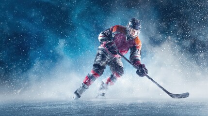 The hockey player skates fiercely through a snow-filled arena.