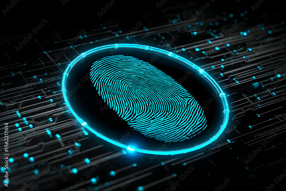 Poster futuristic fingerprint scanner with a glowing interface, representing biometric security and digital