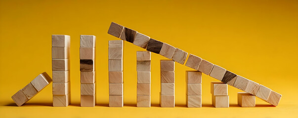 A creative arrangement of wooden blocks representing growth and decline in business metrics against a vibrant yellow background.