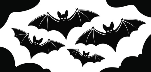 Naklejka premium Four black silhouette bats flying against a white background with dark clouds