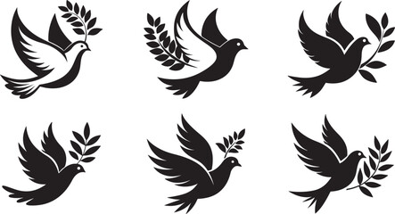 Silhouette of Dove Flying with Olive Branch – EPS Vector Clipart
