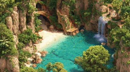 Naklejka premium Tropical cove with waterfall, caves, and beach