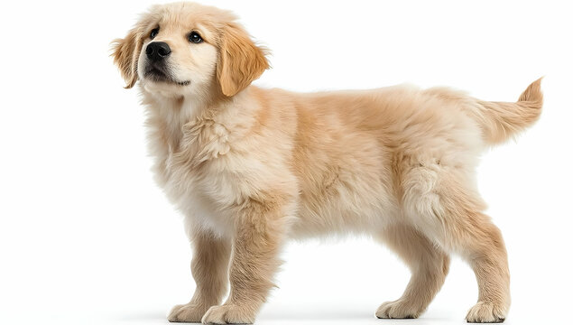 Cute golden retriever puppy standing gracefully, showcasing its soft fur and playful demeanor, perfect for pet lovers.