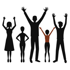 Fototapeta premium A vector silhouette bundle featuring 6 different figures of hopeful people raising their hands in various expressive poses