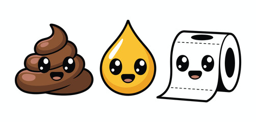 Cute kawaii poop pee drop and toilet paper roll characters with happy faces