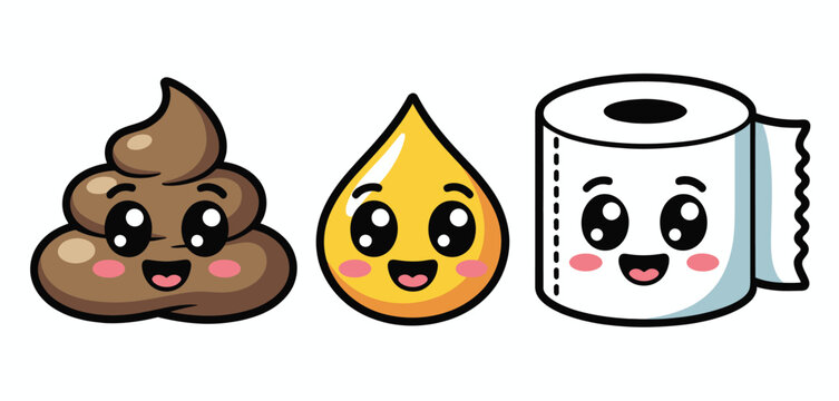 Cute cartoon poop pee drop and toilet paper characters with happy faces