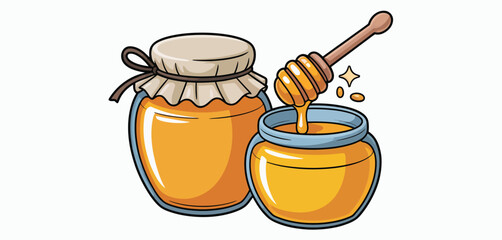 Cute cartoon illustration of two jars of honey with a wooden dipper dripping sweet nectar