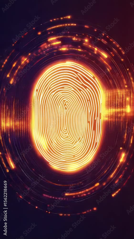 Poster abstract digital fingerprint with glowing orange and yellow lights. vertical lines and circles creat