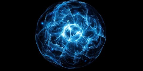 Blue circle round sphere plasma ball electricity energy power fractal structures forming intricate Fractal Structures A mesmerizing plasma ball emitting bright blue tendrils of energy.