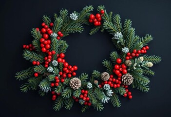 Elegant dark background Christmas wreath of pine, berries, pinecones, & frosted foliage,  decoration,  natural