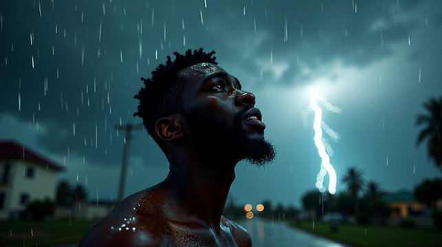 Young Black man faces heavy rain while looking up in frustration under dramatic storm clouds and lightning at dusk