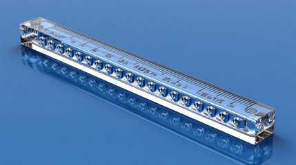 Clear ruler with embedded spheres, on blue background