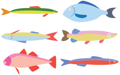 Colorful Hand-Drawn Sardine and Tuna Stickers – Crayon Doodle Fish Illustration with Playful Texture