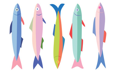 Vibrant Crayon Sketch of Decorative Fish – Cartoon Sardines, Tuna, and Mackerel in Childlike Style
