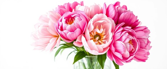 Fototapeta premium Luxurious peony bouquet in a clear glass vase, close-up view against a pure white backdrop, bouquet, background