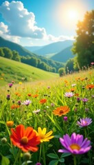 Fototapeta premium Sun-drenched meadow, vibrant wildflowers bloom , outdoor, scenery, wildflowers in bloom