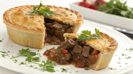 Delicious savory beef pie with golden crust and fresh parsley garnish