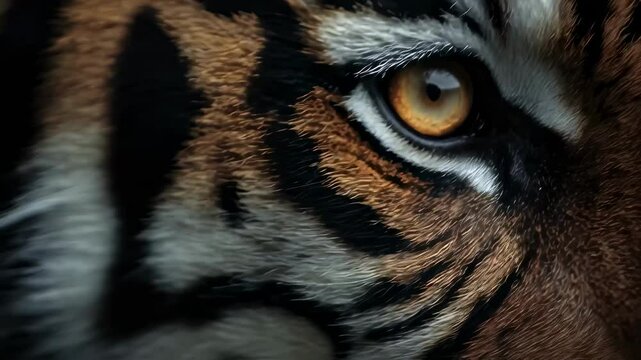 Closeup of the mesmerizing, unblinking stare of a tiger, its amber eyes reflecting a mix of strength and intelligence.