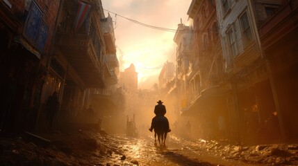 Fototapeta premium Cowboy rides through sunlit, dusty town street