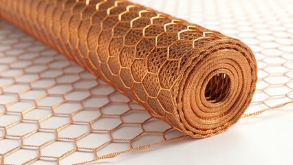 Rolled copper hexagonal mesh netting on a white background