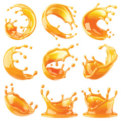 Collection of dynamic orange juice splashes and droplets in motion