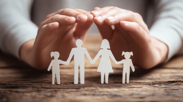 The hands protecting a paper family, symbolizing love and security.