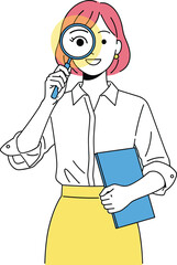 Curious Woman Holding Folder and Using Magnifying Glass, Investigation and Discovery Illustration