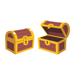 Two wooden treasure chests one open one closed with golden trim
