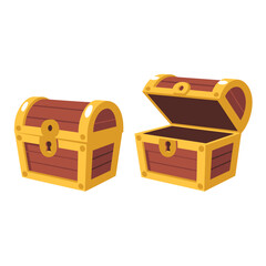 Two cartoon treasure chests one closed and one open with gold trim and brown wood