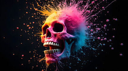 Crane squelette coloré rose jaune bleu isolé sur fond noir et confettis. Tête de mort vu de trois quart avec éclats liquides de peintures. symbole pop culture de la fête et du carnaval 