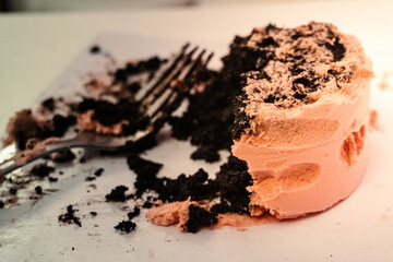 Half consumed chocolate cake.