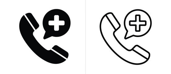 Medical emergency phone call icon with plus symbol in speech bubble