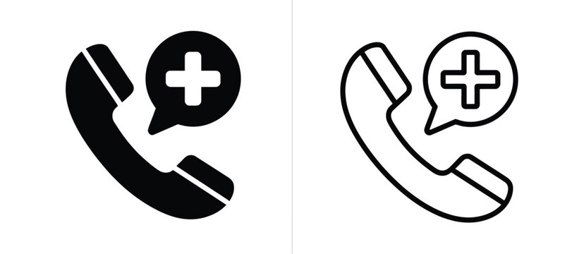 Medical emergency phone call icon with plus symbol in speech bubble
