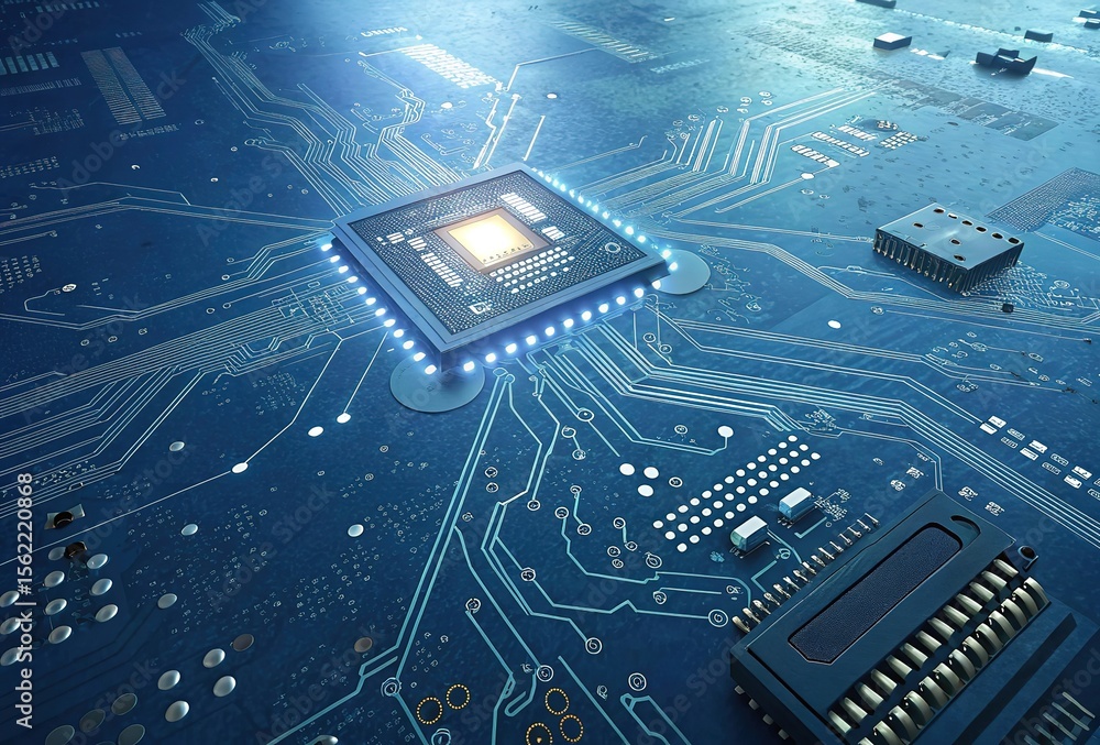 Poster glowing blue circuit board with central processor and electronic components illustrating advanced te