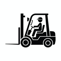 Black and white icon of a person operating a forklift in a warehouse setting