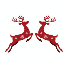 Two red reindeer silhouette with snowflakes jumping against white background