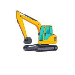 Yellow excavator with bucket and tracks isolated on white background