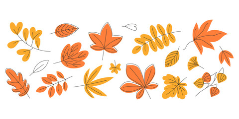 Set of Yellow and Orange Autumn Leaves in Flat Style. Ideal for Greeting Cards and Posters Design