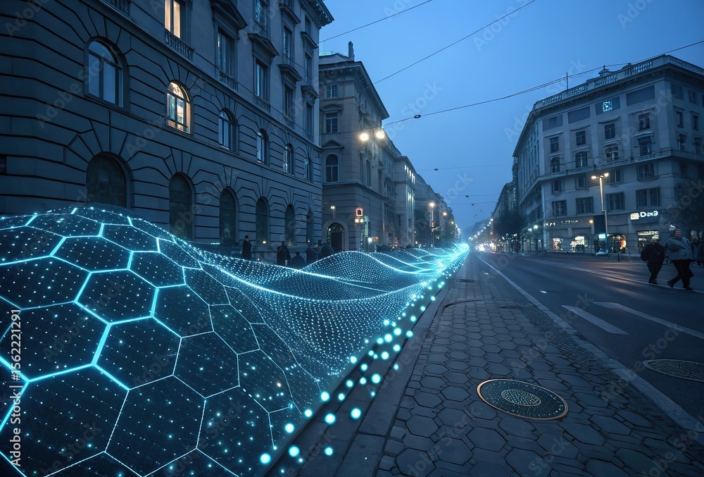 Poster futuristic cityscape with glowing hexagonal data network flowing along a sidewalk at dusk