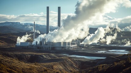 An ultra-realistic geothermal power plant with steam rising from vents, set in rugged terrain, symbolizes clean energy innovation.