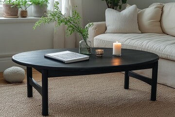 Black metal coffee table with oval top, straight legs, matte grey cross-shaped industrial base, on beige rug near cream sofa with white cushions, featuring candle, vase, and coloring book.