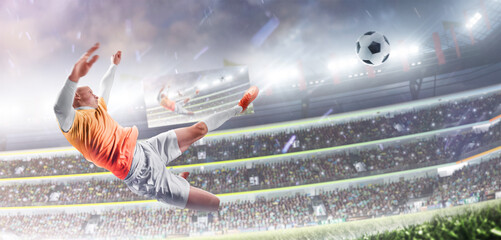 Soccer action. Young professional footballer in motion, strong kick on the ball. Championship. Soccer kick. Focus on the kick. Big night stadium