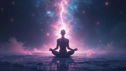 A meditating silhouette channels epic cosmic energy from a powerful celestial storm, a concept of mindfulness and inner strength
