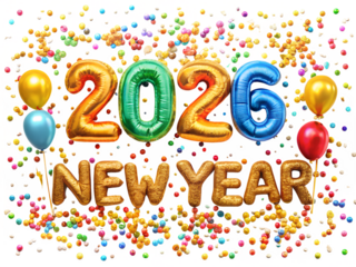 Happy new year 2026 new colorful ballon text effect with confetti isolated on white background. PNG Transparent file type with high definition quality And vibrant color grading Available.