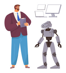 Businessman holding clipboard standing beside humanoid robot with multiple digital screens. Ideal for technology, innovation, automation, AI, robotics, future workforce, human-machine interaction