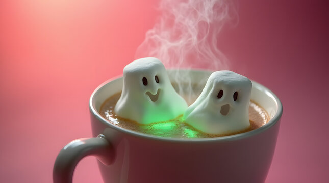 Mug de chocolat chaud aux chamallow fant&ocirc;mes. isol&eacute; avec effet n&eacute;on vert, la sc&egrave;ne est fumante, amusante et horrifique parfait pour halloween